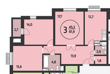 Трёхкомнатная квартира 81.9 м²