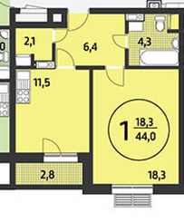 Однокомнатная квартира 44 м²