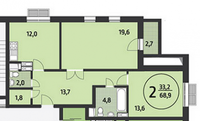 Двухкомнатная квартира 68.9 м²